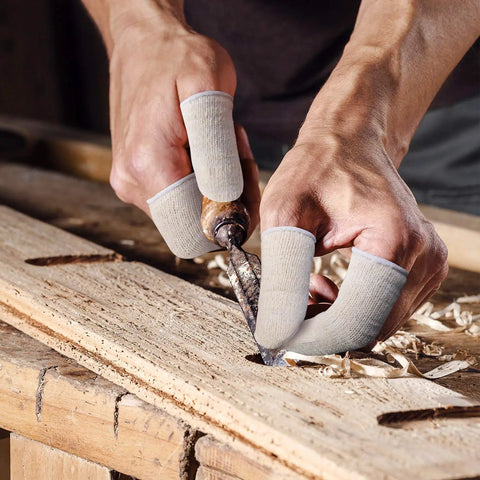 Moisture Wicking Cotton Finger Cots And Toe Sleeves Set For Glove Comfort in use for woodworking, showing no sweat protection.