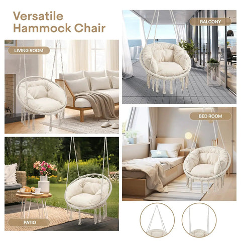 Cozy Macrame Hammock Chair With Thick Cushions, Indoor Outdoor Hanging Swing for balcony, bedroom, patio, sturdy cotton rope