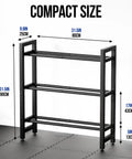 Heavy Duty 3 Tier Dumbbell Rack For Home Gym Featuring Adjustable Width Shelves Holds Up To 390 Pounds side view with measurements.