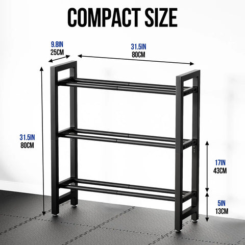 Heavy Duty 3 Tier Dumbbell Rack For Home Gym Featuring Adjustable Width Shelves Holds Up To 390 Pounds side view with measurements.