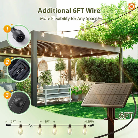 Outdoor setup with 52 Ft Solar String Lights With Remote And USB Port Waterproof Patio Lights 16 Plus 1 Shatterproof LEDs