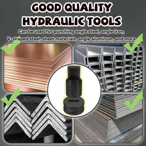 Hydraulic tools with metal sheets and angles, highlighting hydraulic oval hole punch die for metal sheets 10x25mm