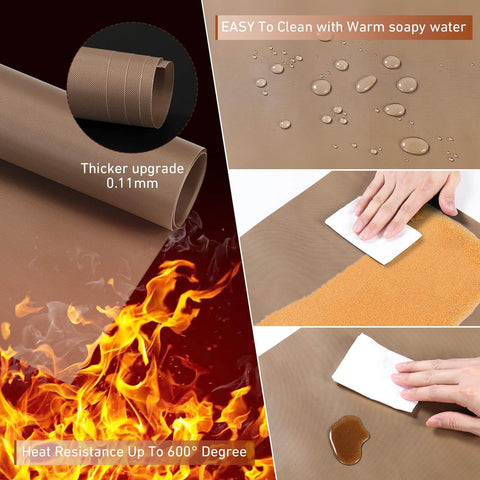 4 Pack PTFE Teflon Sheets For Heat Press 16x20 showcasing durability, heat resistance up to 600° with cleaning demonstration.