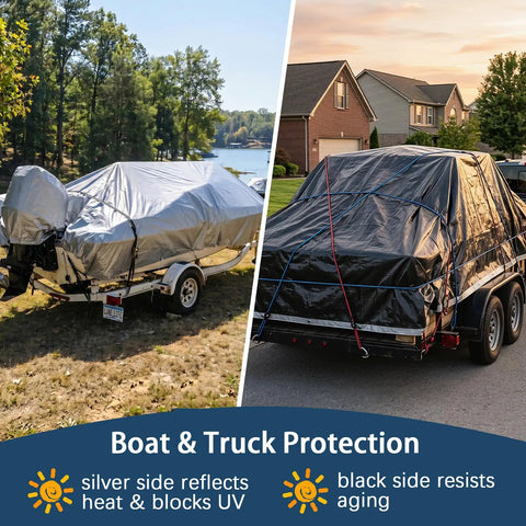 Heavy Duty 12x16 Foot Waterproof Poly Tarp With Grommets And Reinforced Edges covering boat and trailer outdoors, silver and black sides