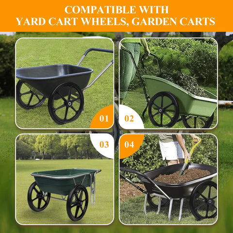 20 Inch Flat Free Wheelbarrow Wheels And Tires With 2.45 Inch Centered Hub For Three Quarter Inch And Five Eighth Inch Axles shown on garden carts