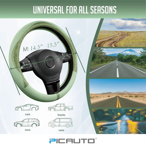 Upgrade Your Whip With This Fresh Green Patterned Steering Wheel Cover Crafted From Soft PU Leather Patchwork for 14.5 to 15.5 inch wheels.