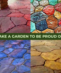 Four colorful concrete paths made with 6 Pack Flagstone Paver Molds For Concrete, Reusable ABS 2mm Cement Casting Forms.