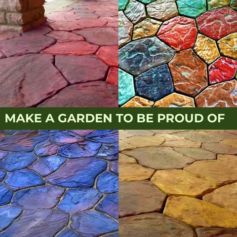 Four colorful concrete paths made with 6 Pack Flagstone Paver Molds For Concrete, Reusable ABS 2mm Cement Casting Forms.