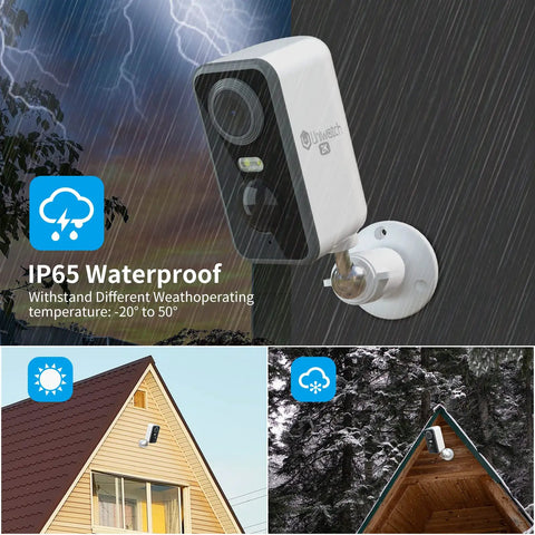 Wireless Outdoor Security Cameras Two Pack 3MP Battery Powered AI Motion Detection Spotlight Siren Alarm on wall in rain.