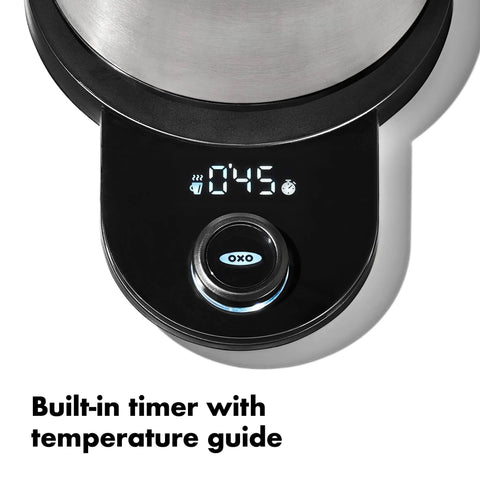 Close-up of Gooseneck Electric Kettle For Pour Over Coffee And Tea With Dialed In Temperature In One Degree Increments displaying timer