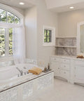 Elegant bathroom featuring Peel And Stick Backsplash With Natural Mother Of Pearl Mosaic Shell Tiles, self adhesive wall tile on tub surround.