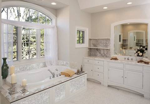 Elegant bathroom featuring Peel And Stick Backsplash With Natural Mother Of Pearl Mosaic Shell Tiles, self adhesive wall tile on tub surround.