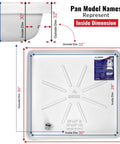Durable Undrilled Washing Machine Drain Pan Tray With Included One Inch Drain Fitting For Washer And Dryer Floor Protection Against Leaks And Water Damage In White Color, showing dimensions and inside view.