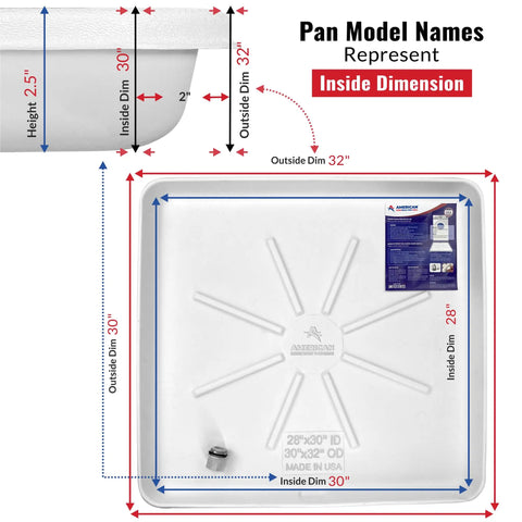 Durable Undrilled Washing Machine Drain Pan Tray With Included One Inch Drain Fitting For Washer And Dryer Floor Protection Against Leaks And Water Damage In White Color, showing dimensions and inside view.