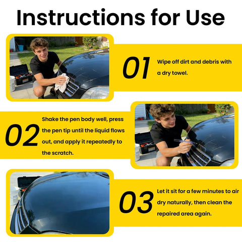 Instructions for using Real Talk Car Scratch Remover Pen for effective scratch repair on a vehicle.