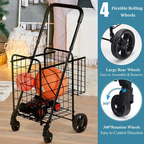 Heavy Duty Foldable Grocery Cart With Adjustable Handle, Extra Basket And 360 Degree Swivel Wheels in living room