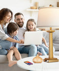 Gold 29 Inch Table Lamps Set of 2 for Living Room beside family with laptop on sofa, showing USB ports and LED bulbs.