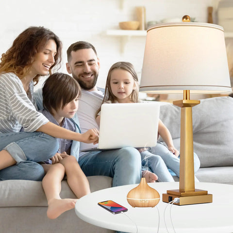 Gold 29 Inch Table Lamps Set of 2 for Living Room beside family with laptop on sofa, showing USB ports and LED bulbs.