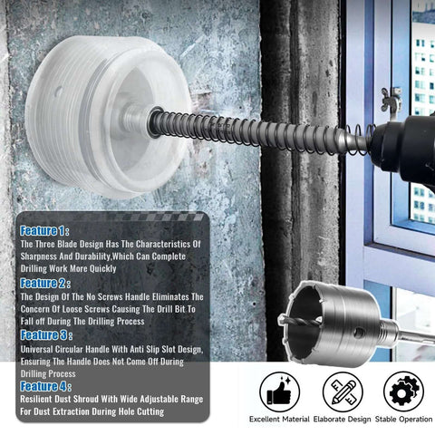 Side view of Zeliceka concrete hole saw kit with white dust bowl and spiral drill bit for concrete drilling.