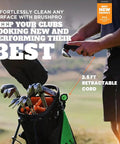Pro Grade BrushPro Golf Club Cleaner With Ergonomic Grip And 2.5 Ft Retractable Cord, Replaceable Bristle Heads And Groove Cleaner, Dual Nylon And Bronze Bristles, Sturdy Golf Dad Favorite For Clean Clubs And Consistent Shots attached to golf bag