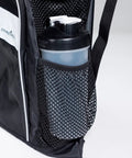 Close-up of a black mesh swim bag's side pocket holding a water bottle, showcasing the open weave quick dry material.