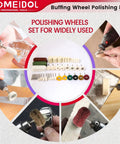 72 Piece Buffing Wheel Polishing Kit for Rotary Tools 1 Eighth Inch Shank displayed with various uses on metal surfaces