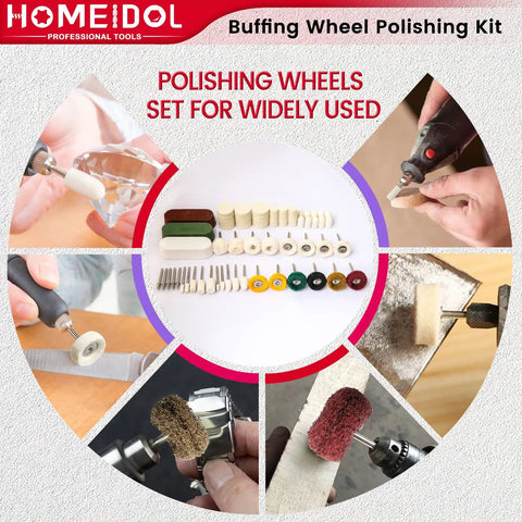 72 Piece Buffing Wheel Polishing Kit for Rotary Tools 1 Eighth Inch Shank displayed with various uses on metal surfaces