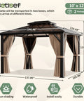 Front view of 10x12 Ft Hardtop Gazebo With Aluminum Frame And Polycarbonate Roof, Permanent Outdoor Pavilion With Curtains And Netting.