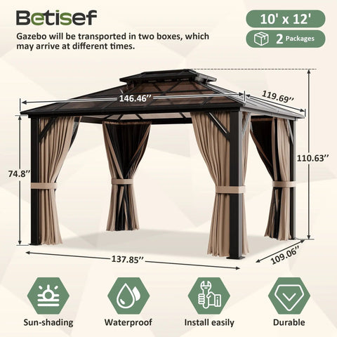 Front view of 10x12 Ft Hardtop Gazebo With Aluminum Frame And Polycarbonate Roof, Permanent Outdoor Pavilion With Curtains And Netting.