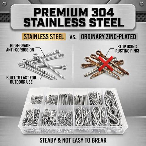 Comparison of Must Have Heavy Duty Cotter Pin Kit 250Pcs Stainless 304 R Clips Hairpin Pins and rusted zinc pins.