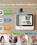 4K White Hidden Camera Thermometer Hygrometer WiFi Spy Nanny Cam For Real Time Temperature Humidity Monitoring With Stable Connection Dual Storage And Multi User Access, wall-mounted white device display