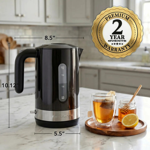 Rapid Fire 1500W Electric Kettle With 1.8 Liter Capacity BPA Free Build on countertop with tea and honey.