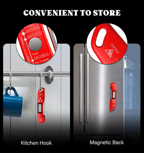 Instant Read Digital Meat Thermometer with backlit auto rotating display, magnetic back and kitchen hook shown hanging