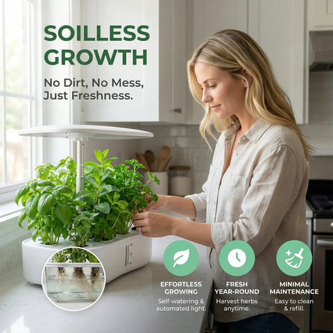 Woman using Smart Soilless Indoor Garden System With 12 Pods Hydroponics Kit Grow Herbs Year Round With 24W Full Spectrum LED Lights