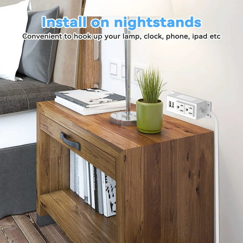 Power Strip With USB Ports, Wall Mountable Surge Protector, 2 AC Outlets And 2 USB Charging Ports, White on nightstand