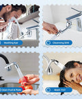 Sink Faucet Extender Water Filter in use washing eyes, cleaning a sink, rinsing fruit, washing hair with 1080° swivel aerator
