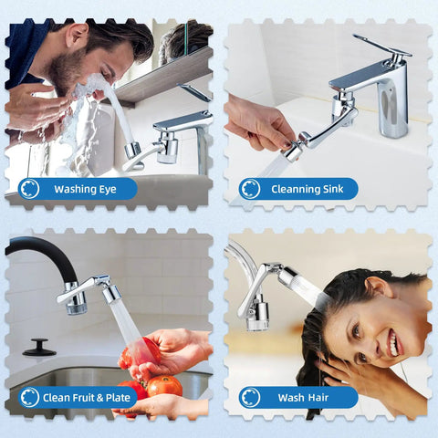 Sink Faucet Extender Water Filter in use washing eyes, cleaning a sink, rinsing fruit, washing hair with 1080° swivel aerator
