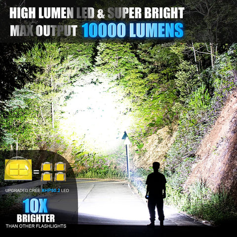 Rechargeable Tactical Flashlight 10000 Lumens Zoomable LED With Power Display IPX6 Waterproof Five Modes lighting up a path at night