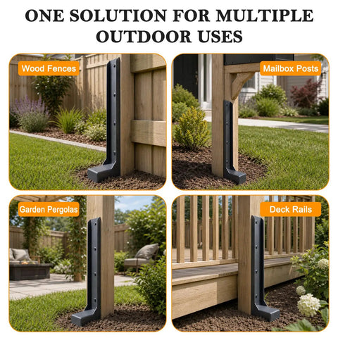 Tough As Nails Fence Post Repair Kit With Heavy Duty Steel Anchor Stakes For Broken Or Leaning 4X4 And 6X6 Wood Posts Quick Fix Support Bracket 11 Gauge One Piece Mender Design 2 Pack for wood fences, mailbox posts, garden pergolas, and deck rails.
