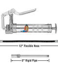 Front view of Mini Pistol Grip Grease Gun with 12 Inch Flexible Hose, Balloon Plunger Technology, and 5 Inch Rigid Extension.
