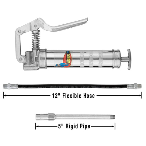 Front view of Mini Pistol Grip Grease Gun with 12 Inch Flexible Hose, Balloon Plunger Technology, and 5 Inch Rigid Extension.