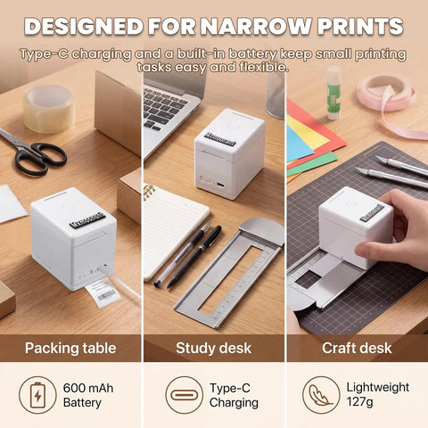Straight To Point Color Handheld Printer For Paper And Cardstock With Guided Edge Ruler on a desk, showcasing Type-C charging and lightweight design.
