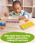 Child using Wooden Ten Frame Math Set with colorful counters for addition practice