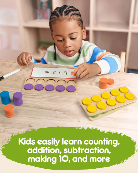 Child using Wooden Ten Frame Math Set with colorful counters for addition practice