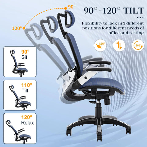 Ergonomic Mesh Office Chair With Adjustable Headrest 90 To 120 Degree Tilt Lock Flip Up Armrests Lumbar Support In Blue
