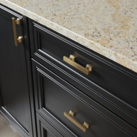 Champagne Bronze Cabinet Handles 10 Pack 3 Inch 76mm Center To Center Traditional Drawer Pulls installed on dark kitchen cabinets
