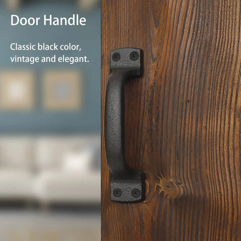 Black Cast Iron Barn Door Handles Rustic Heavy Duty Gate Pulls 7 Inch Sliding Door Hardware on wood surface