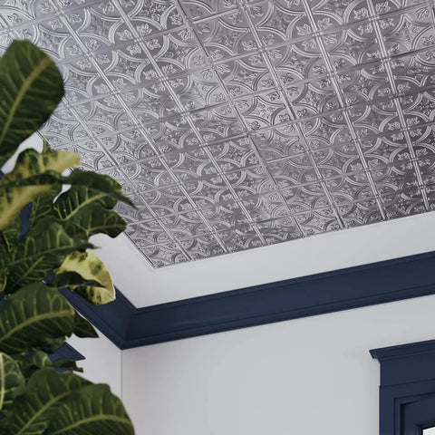 5 Pack Tin Ceiling Tiles 24 by 24 Inches Nail Up Panels Pattern Three Raw Victorian Floral Diamond Design for Ceilings and Kitchens Easy Install Kit with Recycled Tin installed on a ceiling.