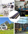 Collage showing 6Ft Floor Cord Protector With 5 Channel Design Soft PVC Cable Cover in office, garage, outdoor, and library settings.