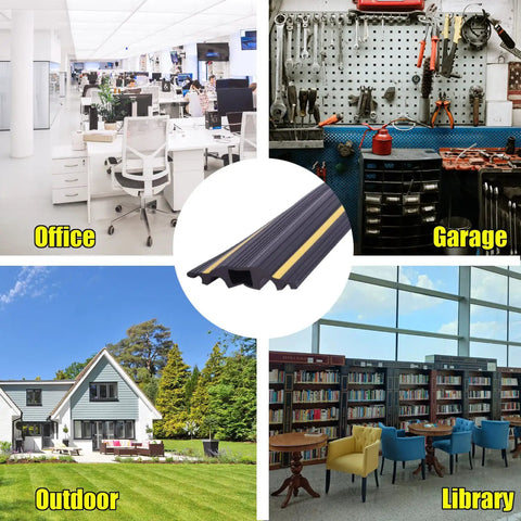 Collage showing 6Ft Floor Cord Protector With 5 Channel Design Soft PVC Cable Cover in office, garage, outdoor, and library settings.